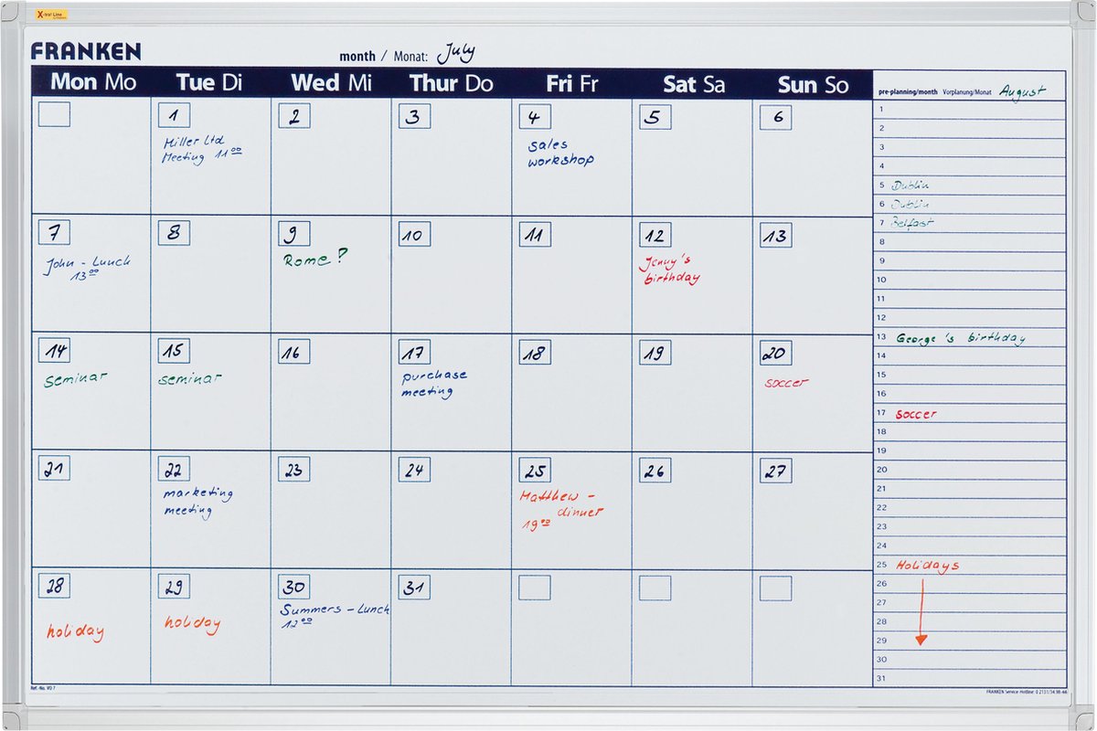 Franken VO-7 Calendrier mensuel blanc Magnétique 98 cm x 96 cm