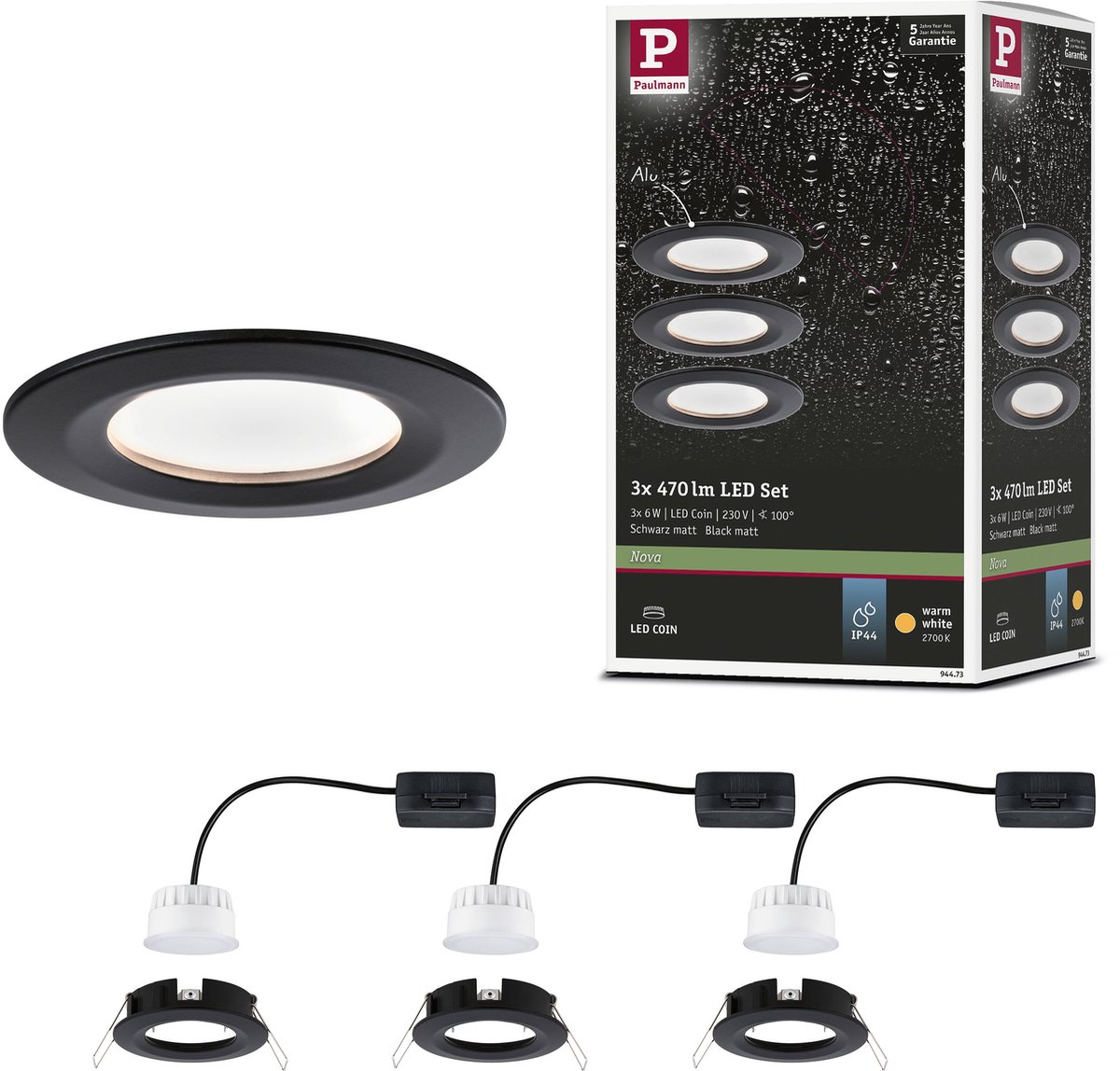 Paulmann 94473 Luminaire à LED encastrable jeu de 3 LED LED intégrée 18 W noir (mat)