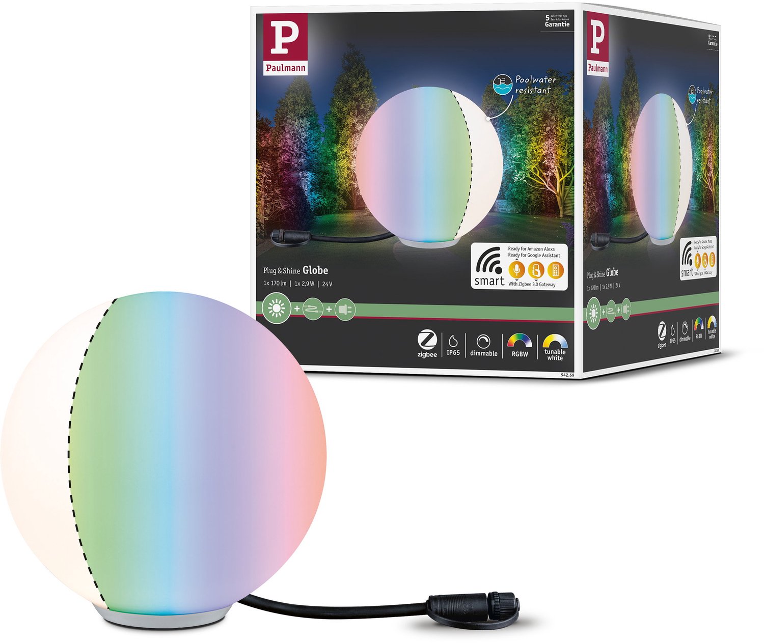 Paulmann Lichtobjekt Globe RGBW 94269 Système déclairage Plug&Shine ZigBee lampadaire extérieur LED LED 2.8 W blanc chaud blanc