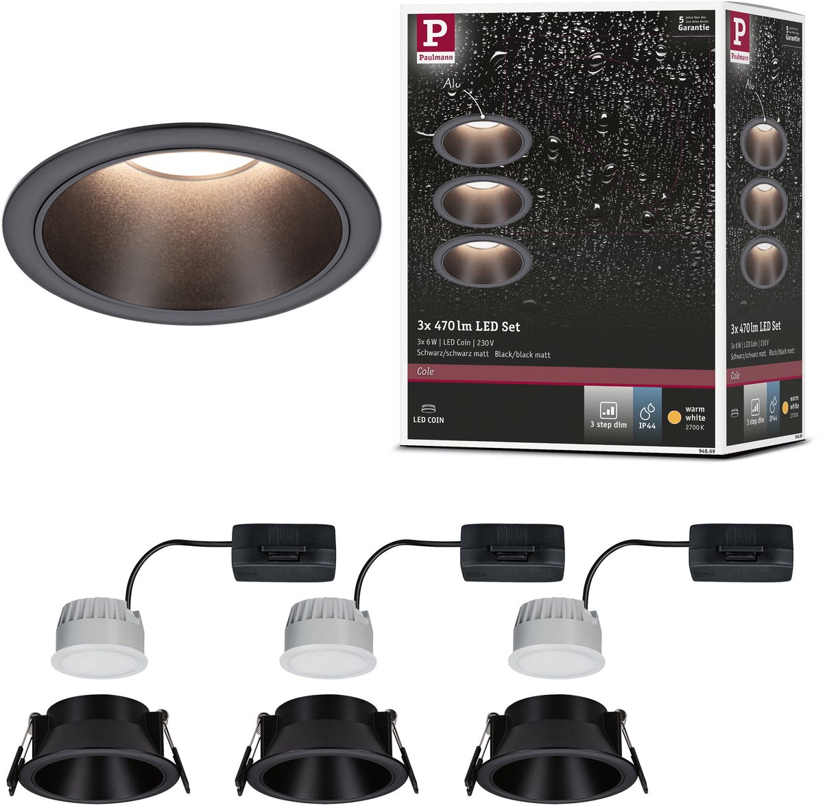 Paulmann 94869 Cole Coin Spot encastrable LED 6 W noir