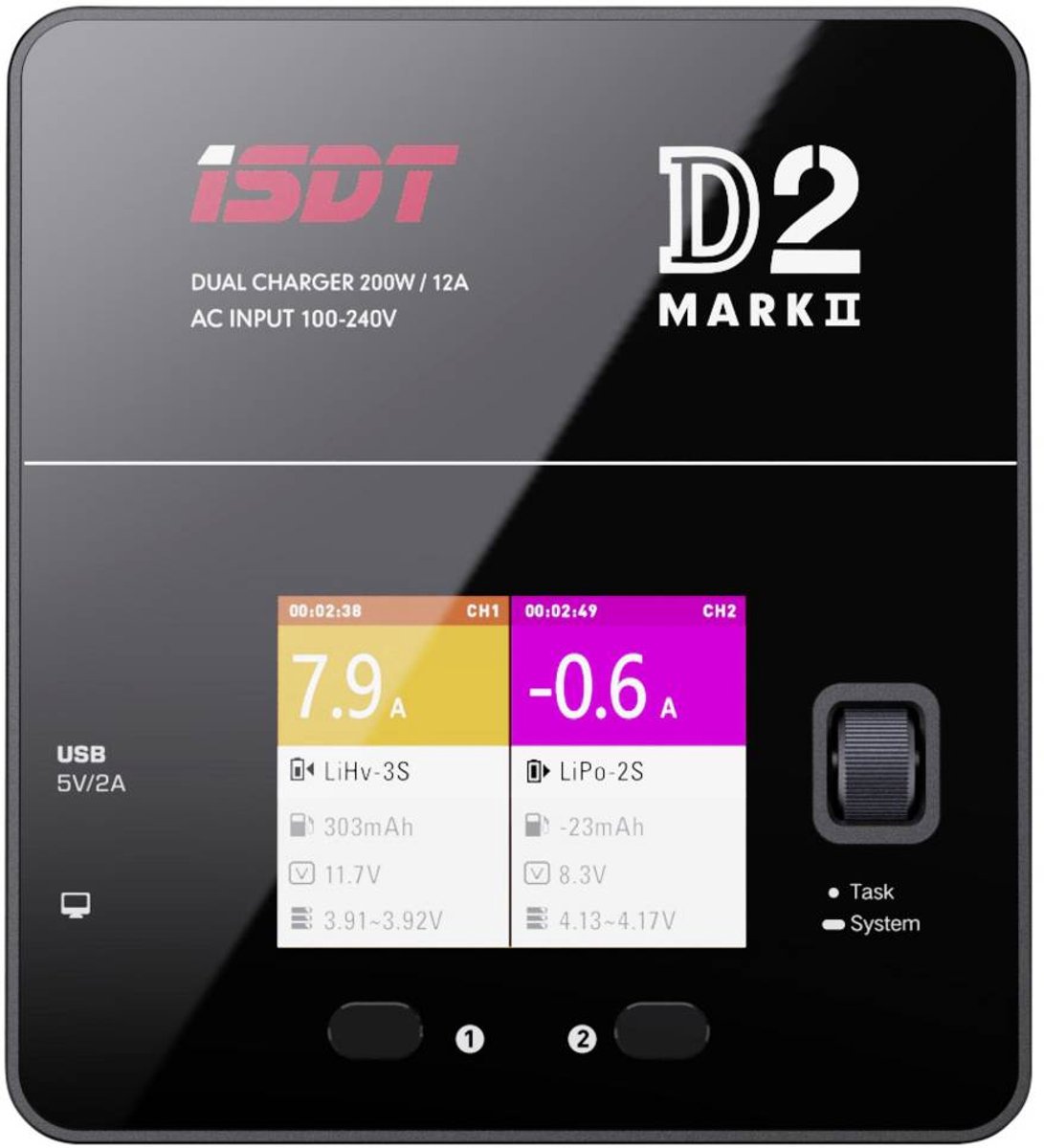ISDT D-2 MARK2 Chargeur multifonction de modélisme 12 A Li-polymère, Li-ion, LiFePO, LiHV, NiMH, NiCd, plomb