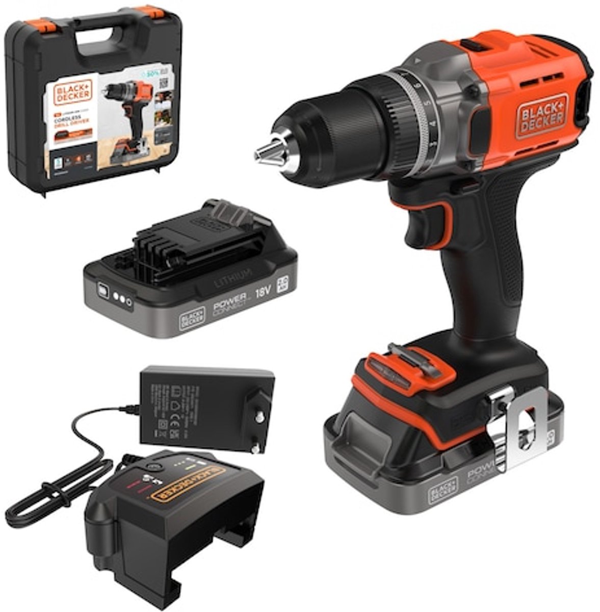 Perceuse-visseuse sans fil Black & Decker BCD382D2XK-QW 18 V 2.0 Ah Li-Ion + 2 batteries, + chargeur