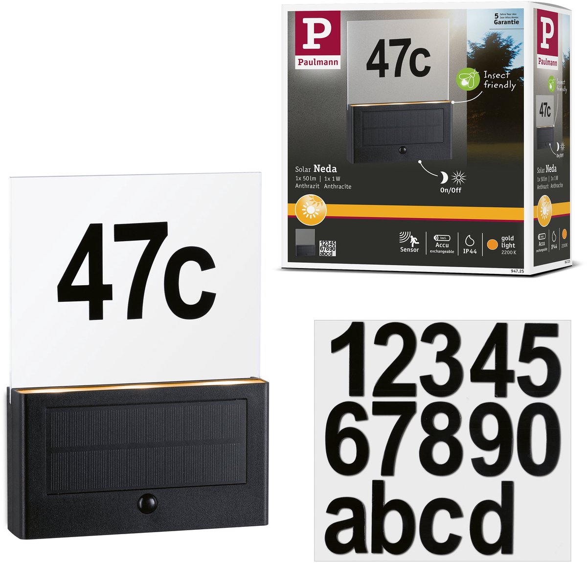 Paulmann 94725 Neda IP44 2200K Eclairage solaire pour numéro de maison CEE: A (A - G) 1 W or anthracite