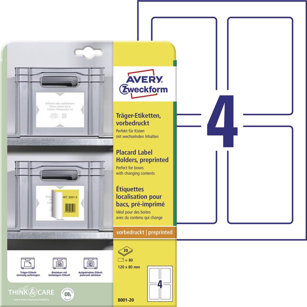 Avery-Zweckform 8001-20 Étiquettes pour supports 120 x 80 mm Polypropylène blanc, gris clair 80 pc(s) fixation permanente