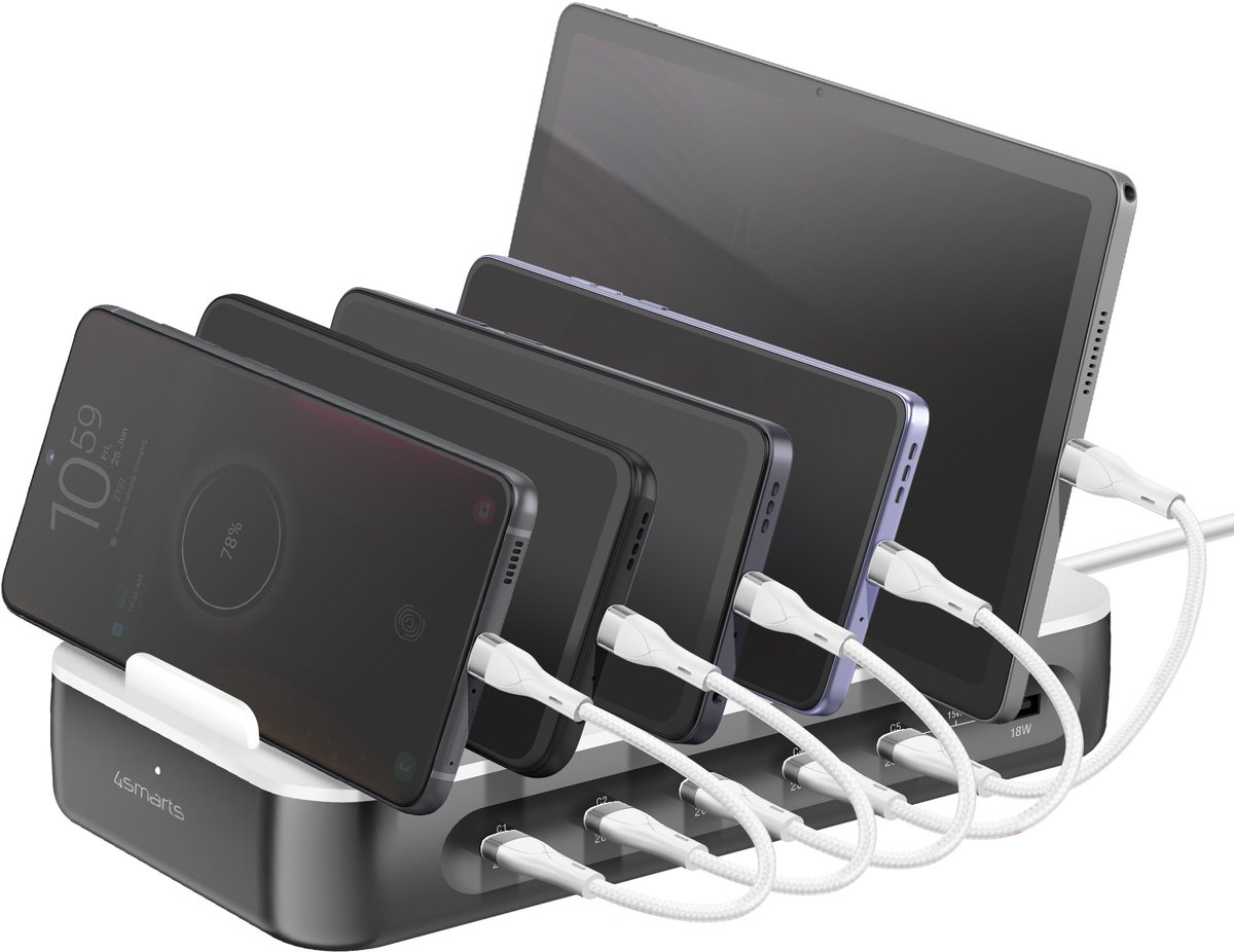 4Smarts Station de charge de table 100 W USB-A, USB-C®, Lightning, Micro USB Quick Charge, Power Delivery blanc, gris intérieure USB Power Delivery (USB-PD)