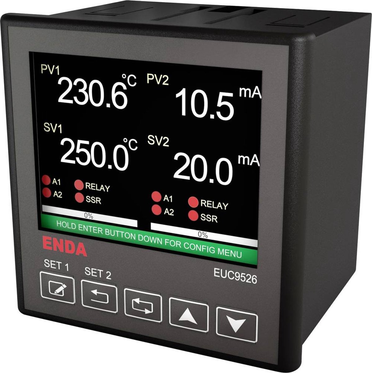 Enda EUC9526-230 PID Régulateur universel B, E, J, K, L, N, R, S, T, U, Pt100, NTC Relais 2 A, SSR (l x H) 96 mm x 96 mm