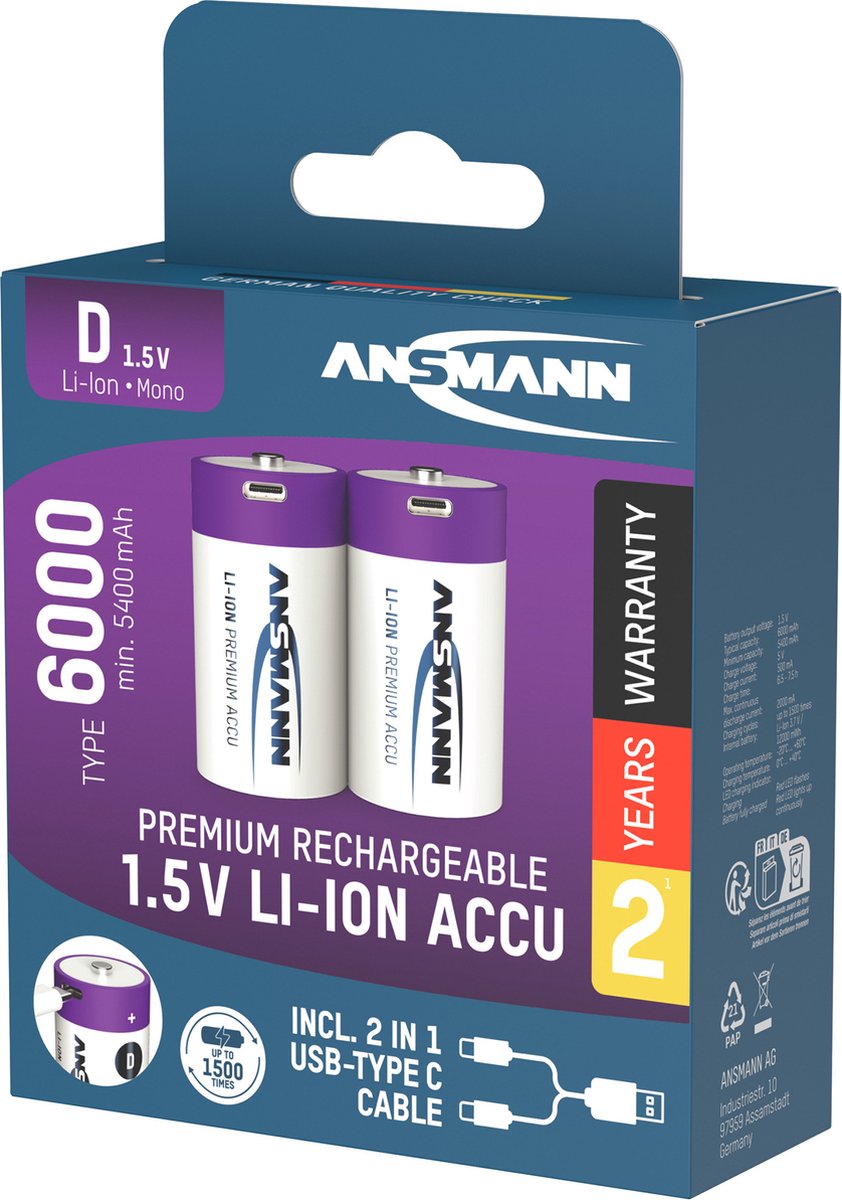 Ansmann LR20 USB-C Pile rechargeable LR20 (D) Li-Ion 6000 mAh 1.5 V 2 pc(s)