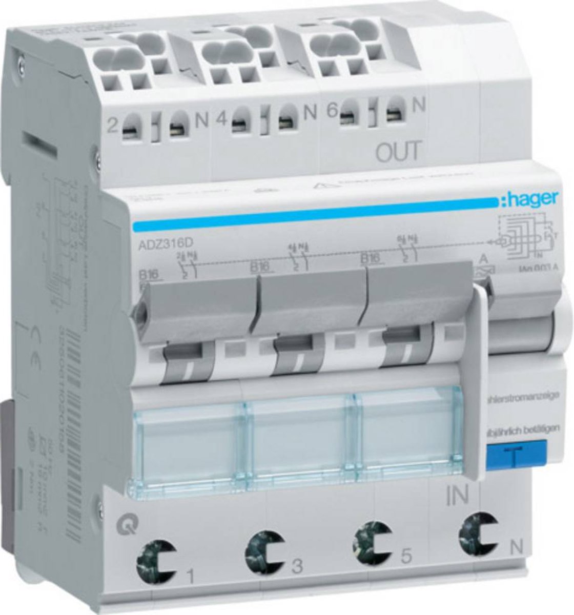Hager ADZ316D Interrupteur différentiel à courant résiduel triphasé 3 pôles 16 A 0.03 A 230 V