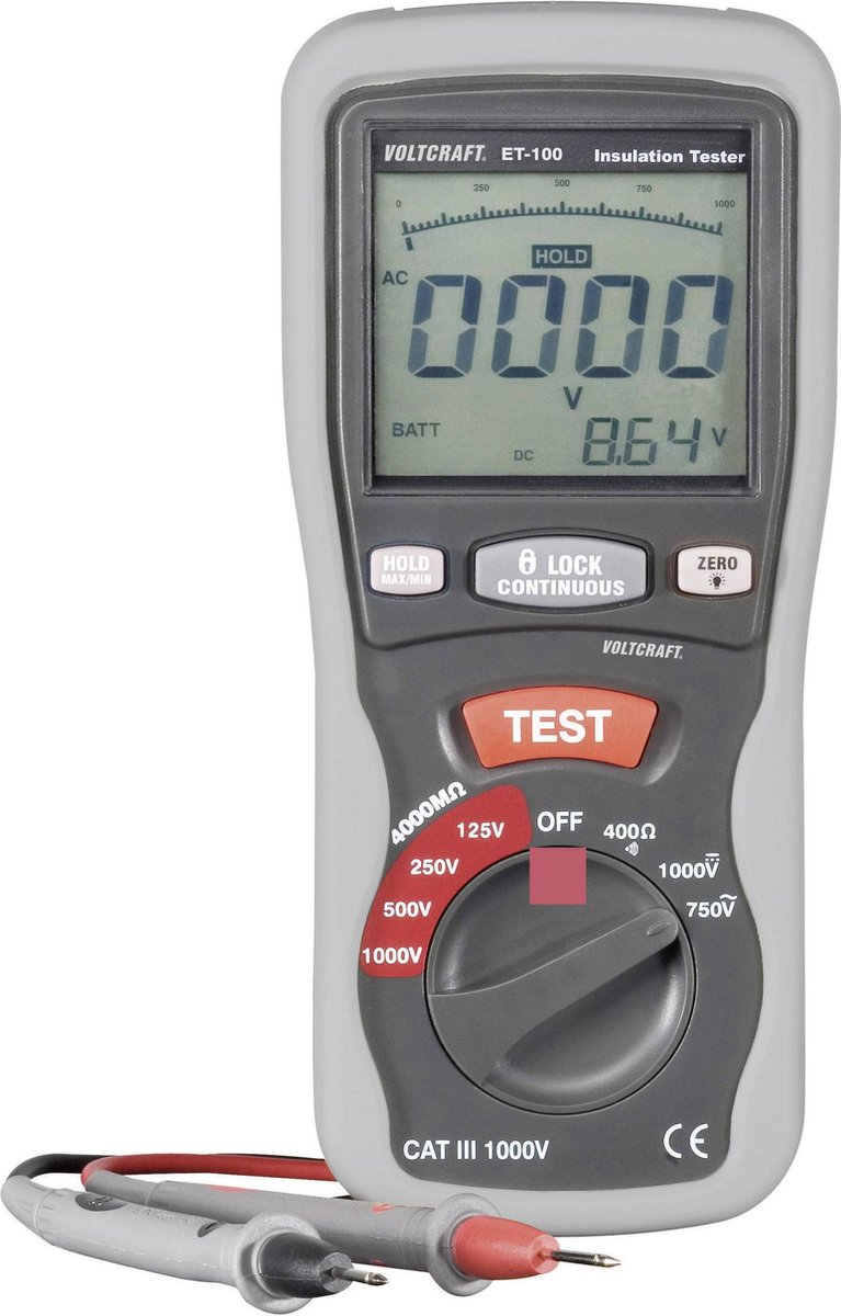 VOLTCRAFT ET-100 Appareil de mesure de lisolation 125 V, 250 V, 500 V, 1000 V 400 MΩ