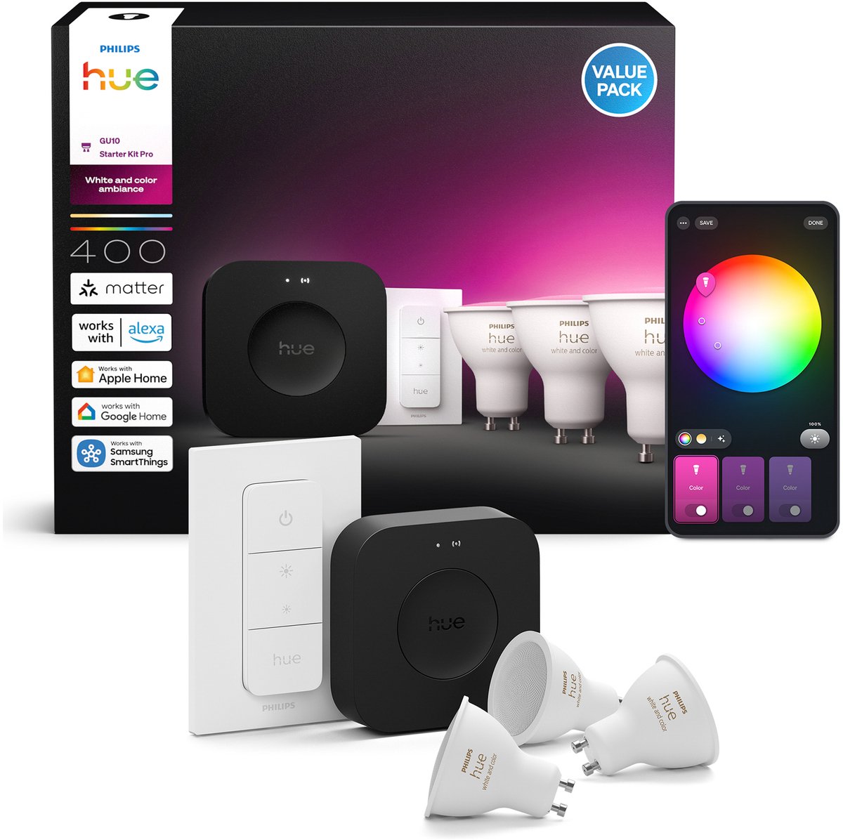 Philips Hue Ampoule à LED, Variateur LED 929003666513 CEE: E (A - G) Hue White & Col. Amb. GU10 GU10 4.2 W multicolore