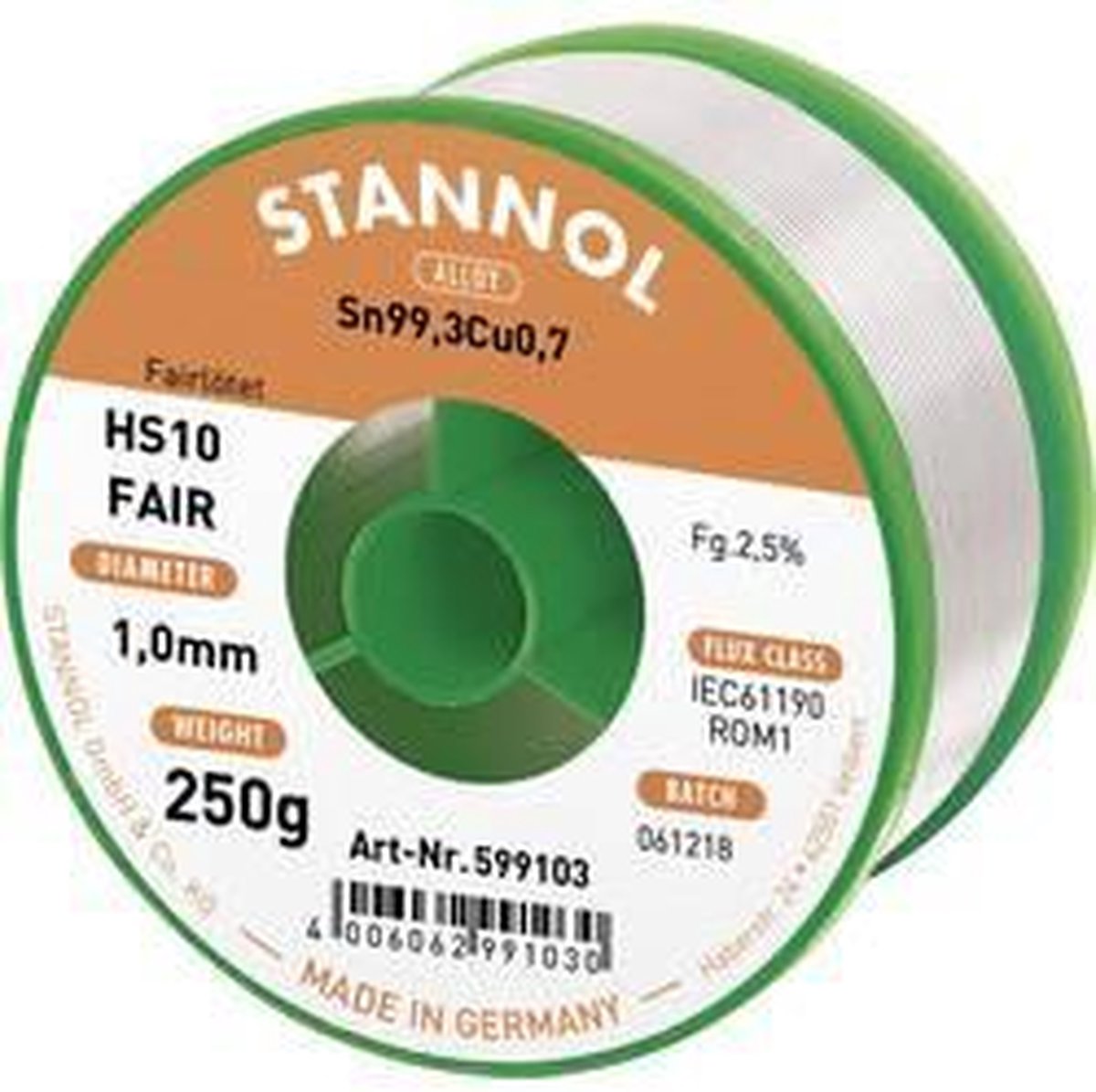 Étain à souder Stannol HS10-Fair Sn99,3Cu0,7 bobine 250 g 1 mm