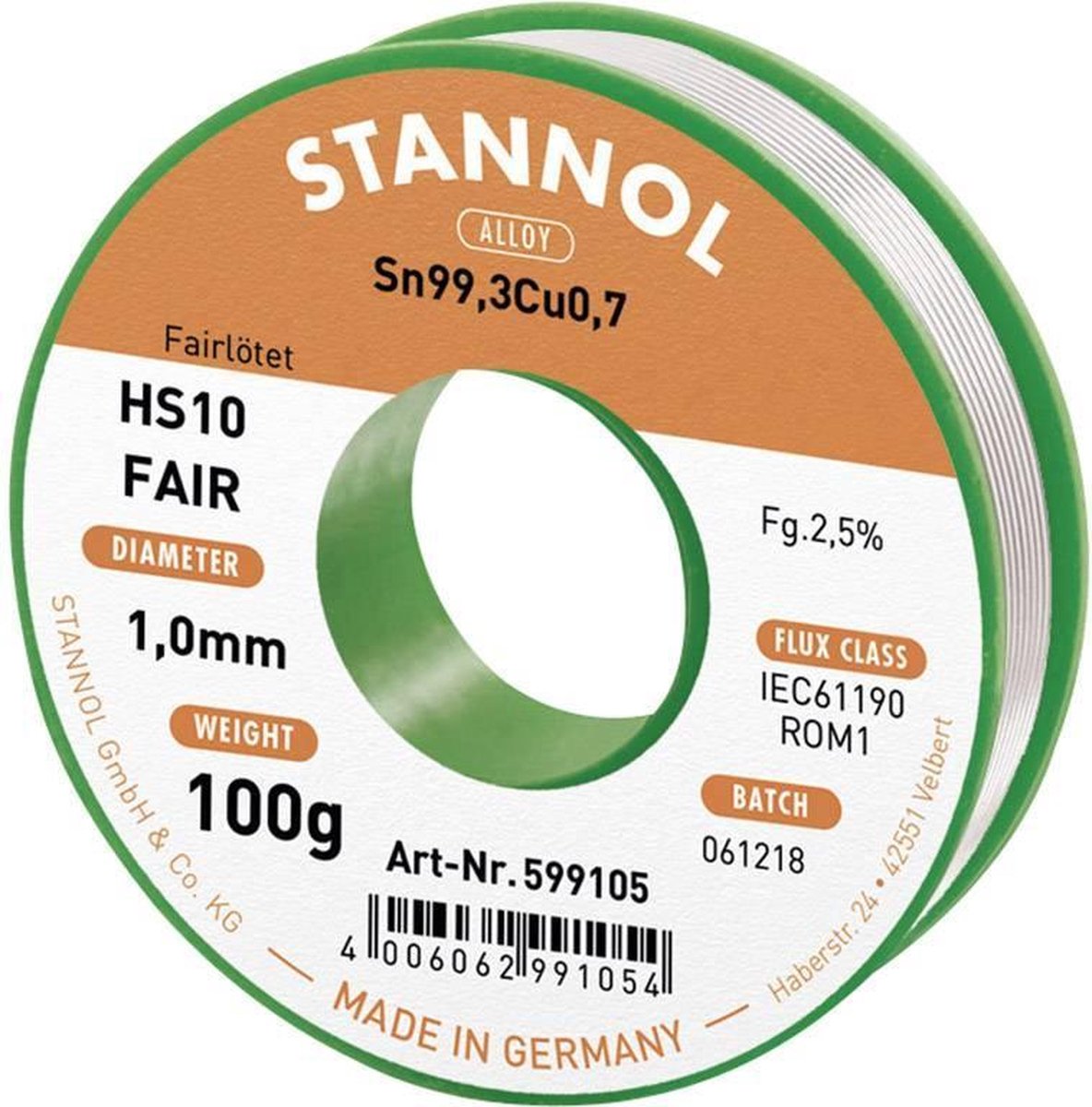 Stannol HS10-Fair Étain à souder bobine Sn99,3Cu0,7 ROM1 100 g 1 mm