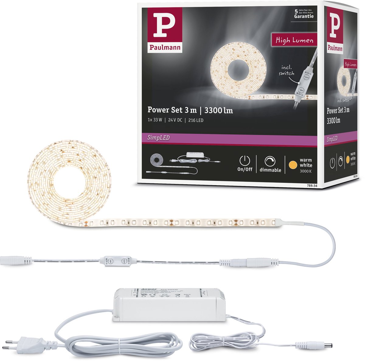 Paulmann SimpLED 78956 Ruban LED (Set complet) avec connecteur mâle 24 V 3 m blanc chaud Piece 1 pc(s)