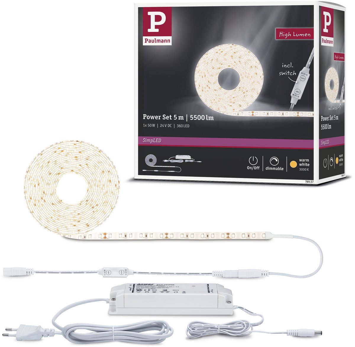 Paulmann SimpLED 78957 Ruban LED (Set complet) avec connecteur mâle 24 V 5 m blanc chaud Piece 1 pc(s)