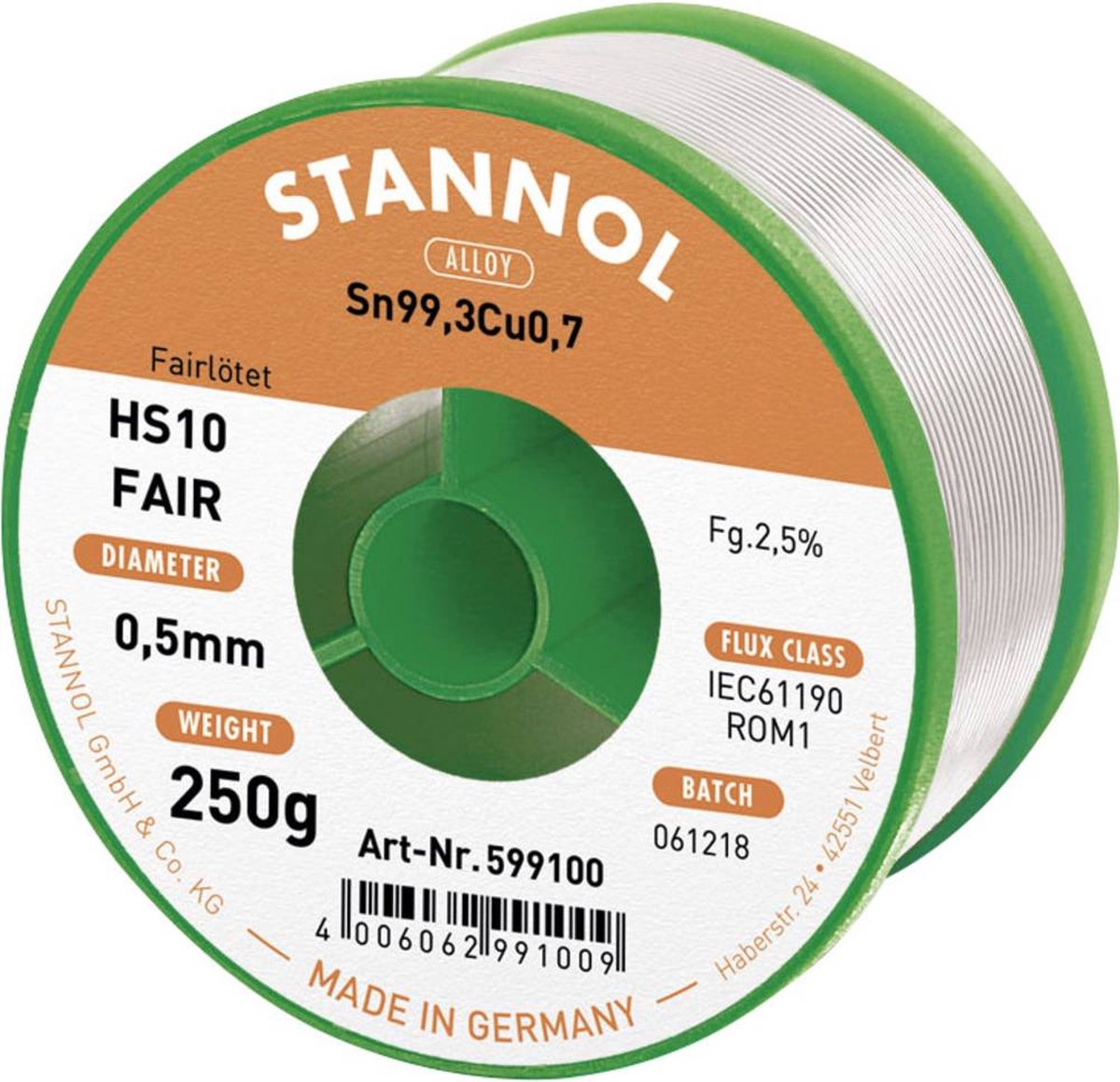 Étain à souder Stannol HS10-Fair Sn99,3Cu0,7 bobine 250 g 0.5 mm