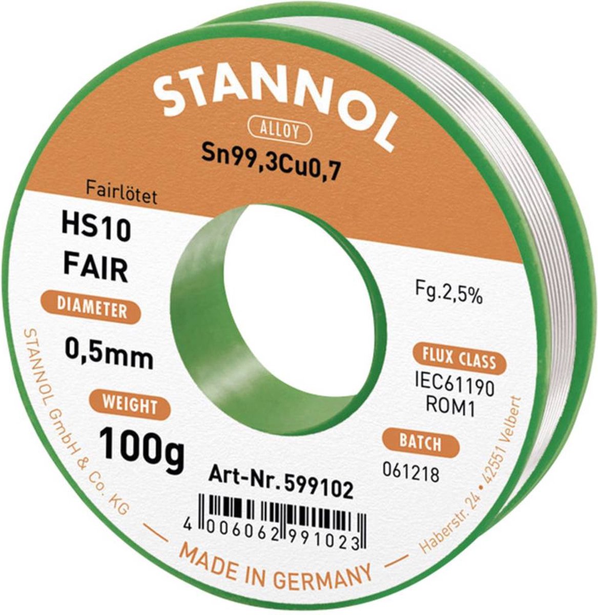 Étain à souder Stannol HS10-Fair Sn99,3Cu0,7 bobine 100 g 0.5 mm