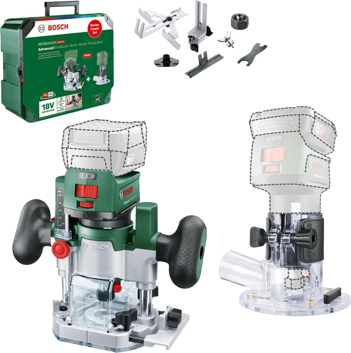 Bosch Home and Garden Affleureuse / défonceuse sans fil 2-en-1 06039D5002 AdvancedTrimRouter 18V-8 Combi-Set