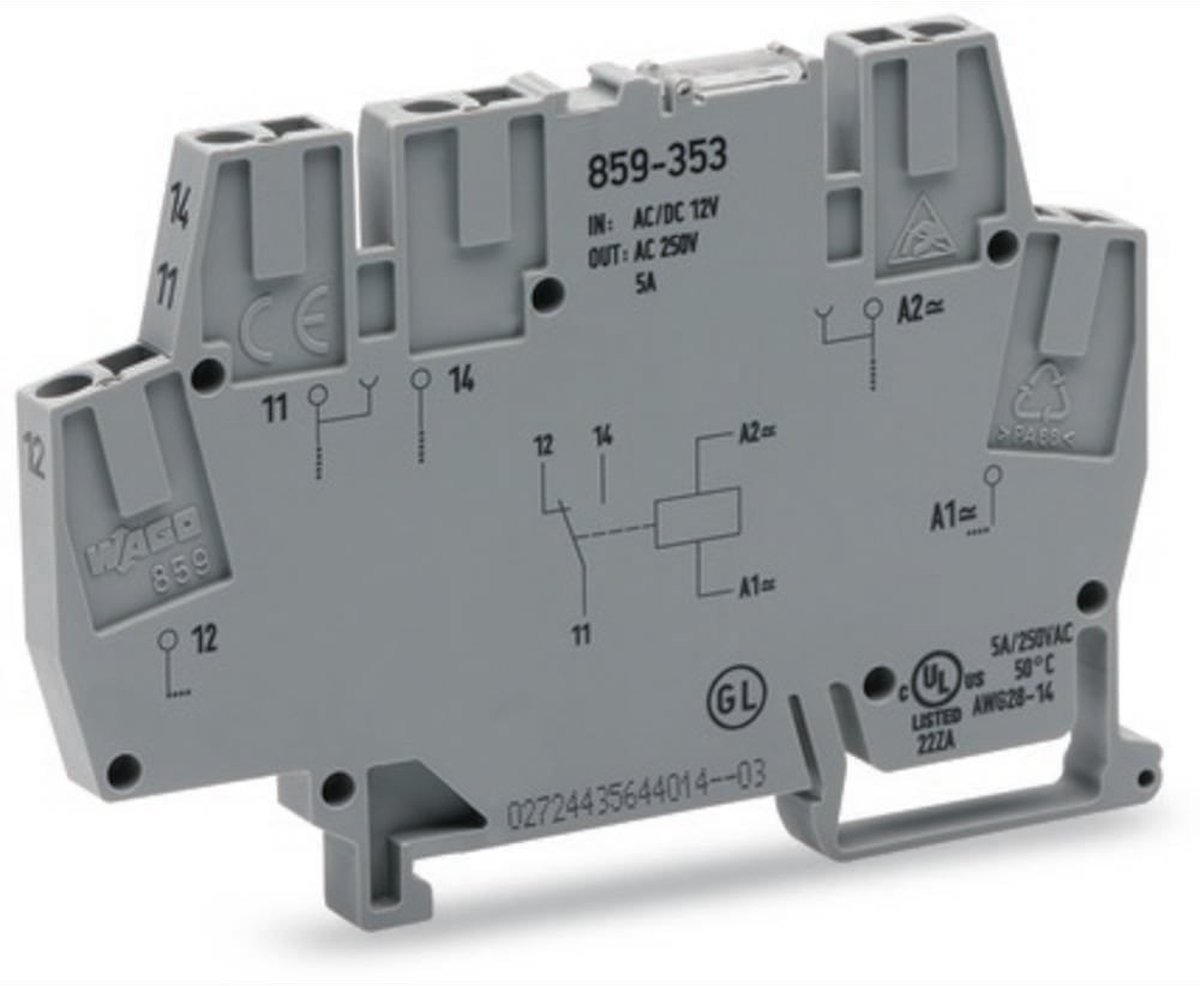 WAGO 859-354 Bloc de jonction à relais Tension nominale: 24 V/DC, 24 V/AC Courant de commutation (max.): 5 A 1 inverseur (RT) Piece 1 pc(s)