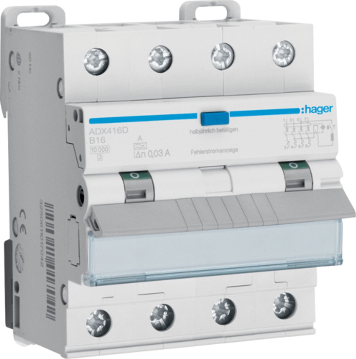 Hager ADX416D Interrupteur différentiel/Disjoncteur de protection 4 pôles 16 A 0.03 A 400 V