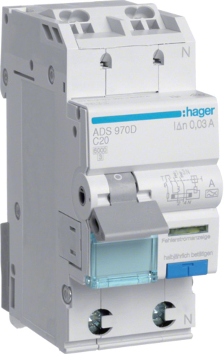 Hager ADS970D Interrupteur différentiel/Disjoncteur de protection 2 pôles 20 A 0.03 A 240 V