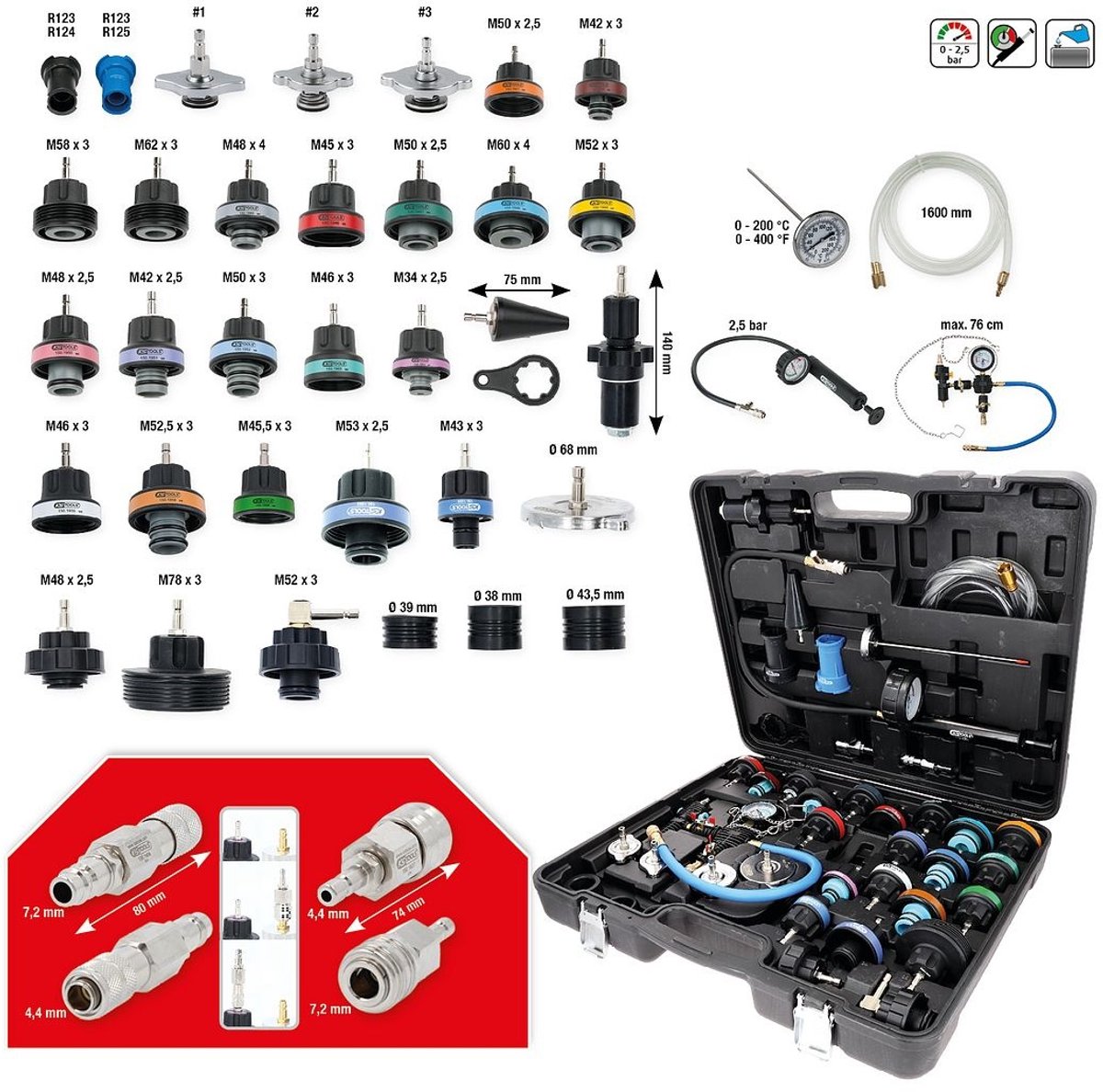 KS Tools 150.2300 Kit de service de diagnostic du système de refroidissement Master, 40 pièces