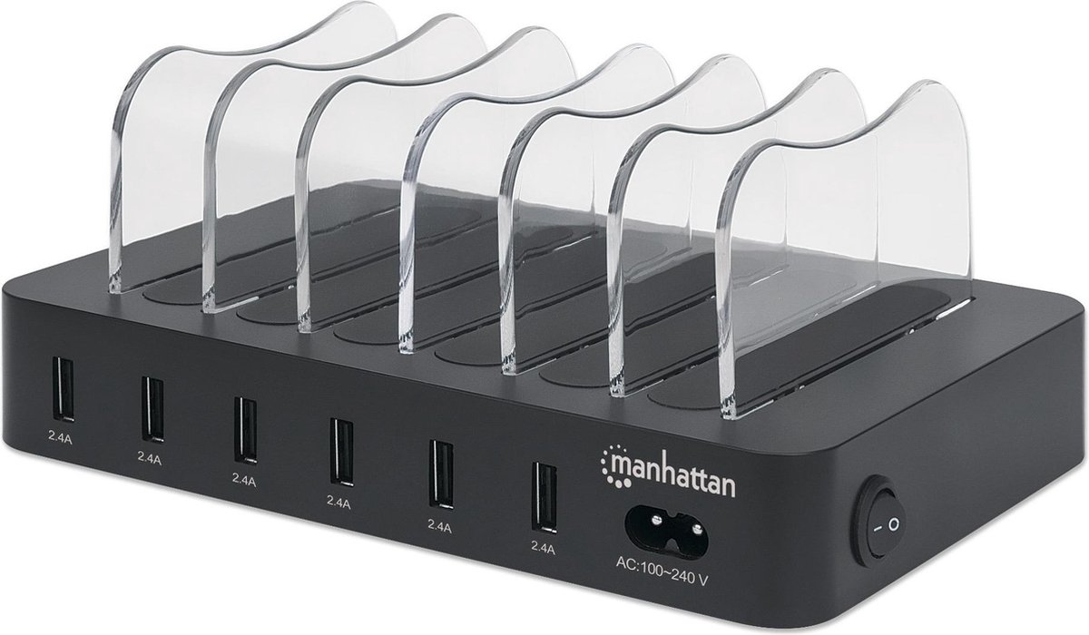 Manhattan 102254 Station de charge USB 50 W 6x USB-A noir, transparent intérieure