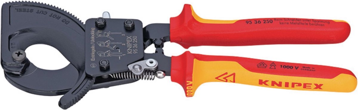 Knipex 95 36 250 Coupe-câble à cliquet Adapté pour (technique disolation) câbles en alu et en cuivre, à 1 ou plusieurs fils 32 mm 240 mm²