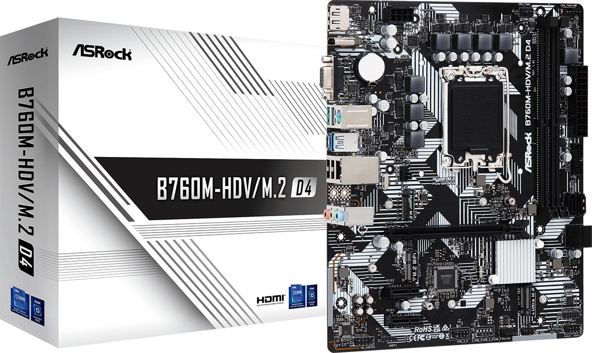 ASRock B760M-HDV/M.2 D4 Carte mère Socket (PC) Intel® 1700 Facteur de forme (détails) Micro-ATX Chipset de la carte mère Intel® B760