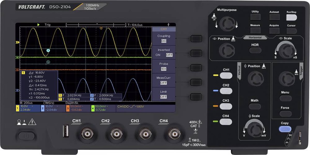 Oscilloscope numérique VOLTCRAFT DSO-2104 100 MHz 4 canaux 1 Géch/s 80 kpts 8 bits mémoire numérique (DSO)