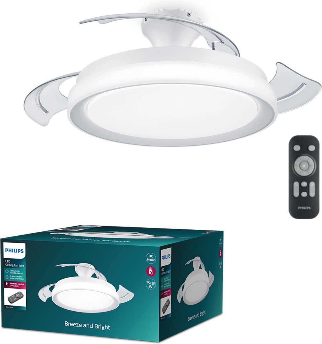 Philips LED Bliss Ventilateur de plafond 28 W, 35 W (Ø x H) 510 mm x 418 mm blanc avec éclairage, minuteur