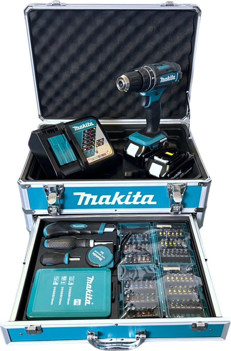 Makita DHP482RFX9 2 vitesses-Perceuse-visseuse à percussion sans fil + 2 batteries, + mallette, + accessoires, + chargeur