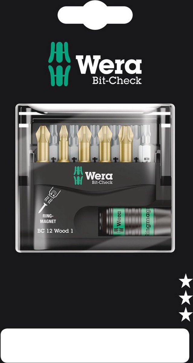 Wera Bit-Check 12 Wood 1 SB 05136390001 Jeu dembouts 1/4 (6.3 mm) avec porte-embout