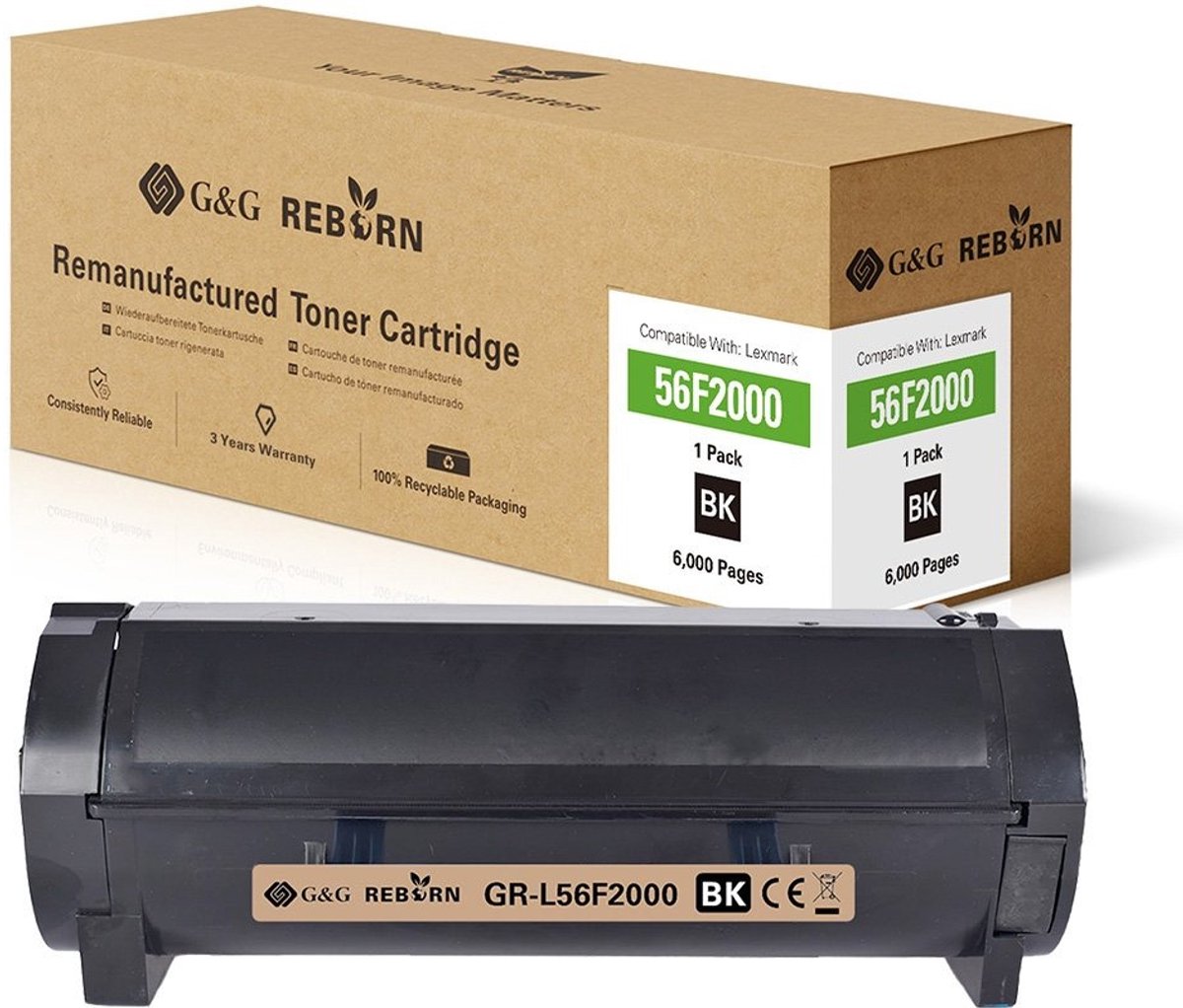 G&G Toner remplace Lexmark 56F2000 compatible noir 6000 pages Reborn remanufactured 21311