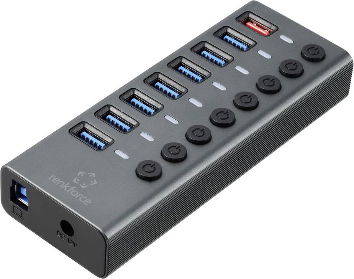 Renkforce RF-6049086 Hub USB 8 ports USB-A USB 3.2 Gen2 10 GBit/s commutable individuellement, avec LEDs de statut, boîtier en aluminium argent-noir RF-HUB-380
