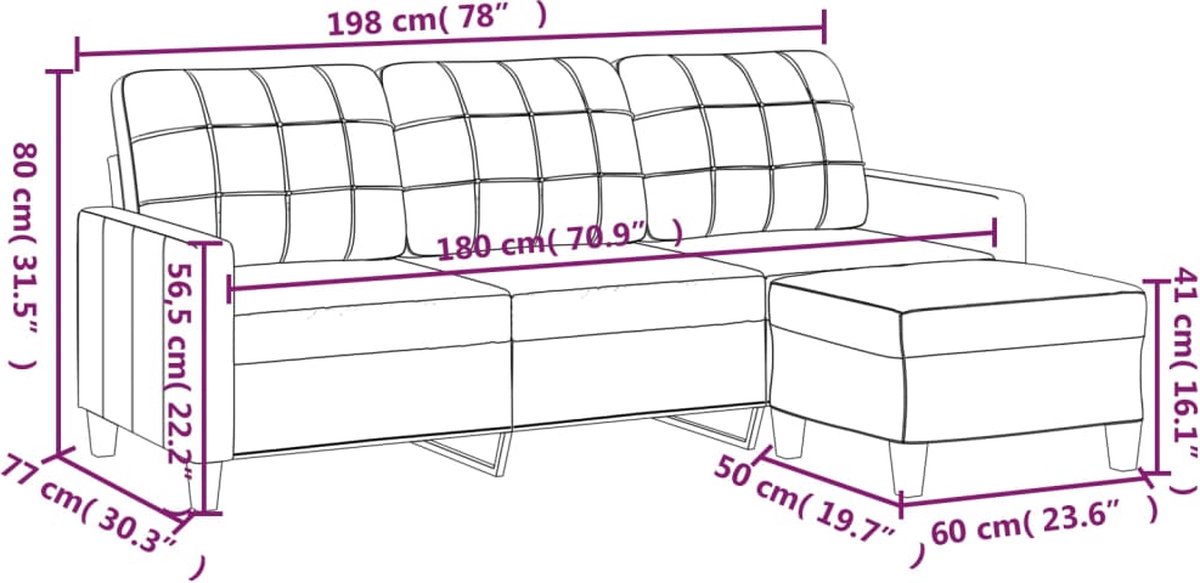 Vidaxl 3-Sitzer Sofa mit Hocker, Grau, 180 cm, Kunstleder