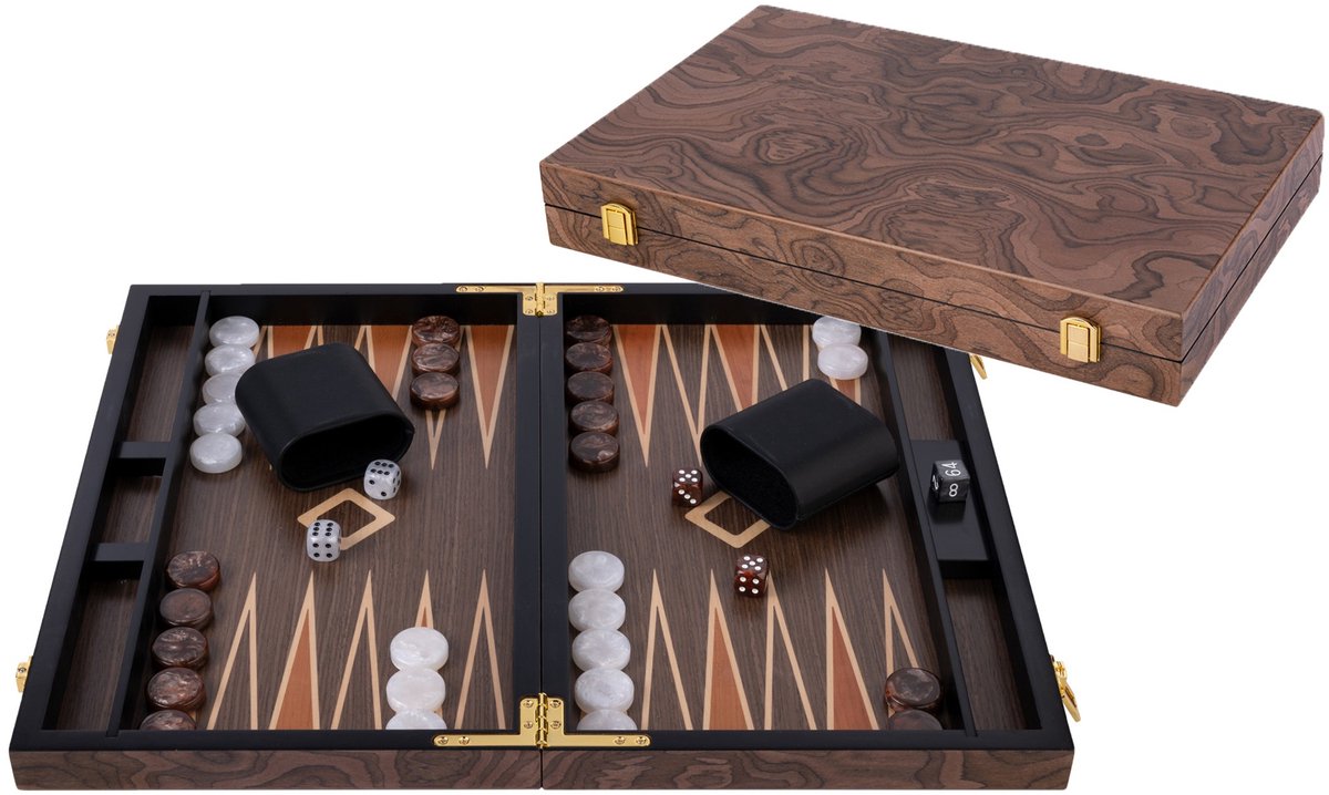 Brettspiel - ENGELHART - Luxus-Backgammon - 18 Zoll - Nussbaumwurzelholz - 2 Spieler braun