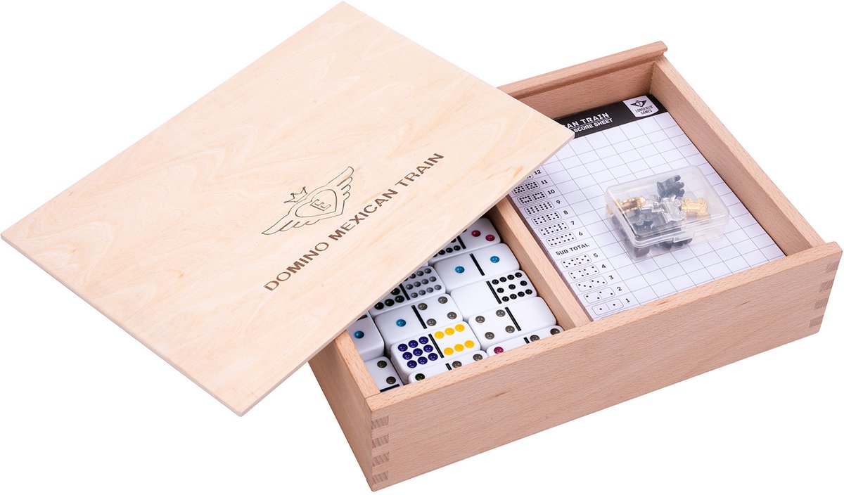 Mexikanischer Domino-Zug D12 Deluxe – Box aus Buchenholz – inklusive Zubehör