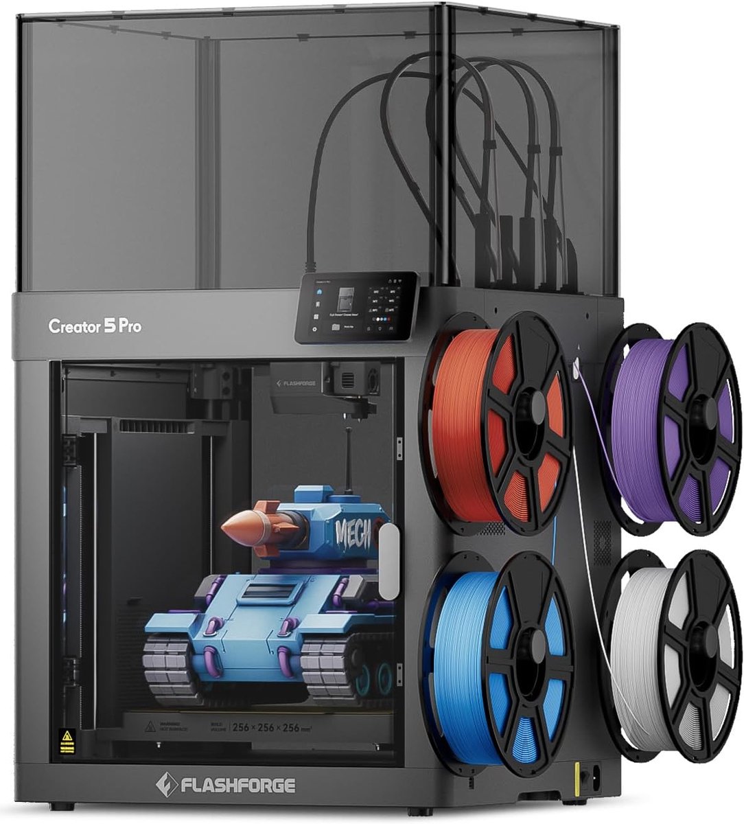 Flashforge Creator 5 Pro 3D-Drucker – 4 unabhängige, Geschwindigkeit von 600 mm/s, beheizte Kammer bei 65 °C, automatische Multi-System-Kalibrierung