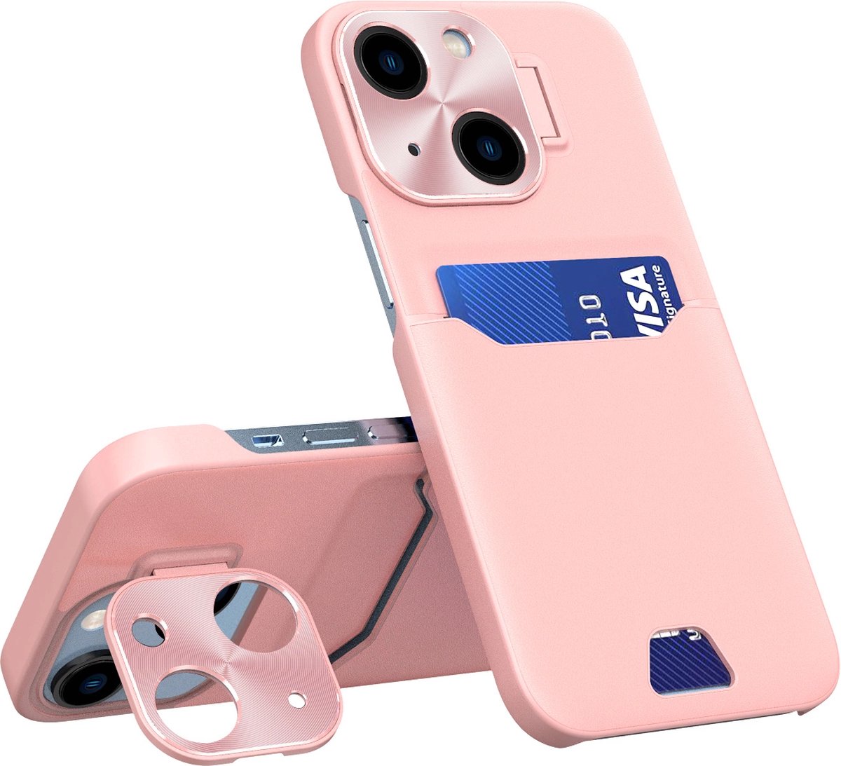 Hurtel Leather Stand Case for iPhone 14 Plus Card Wallet Cover with Stand Pink
