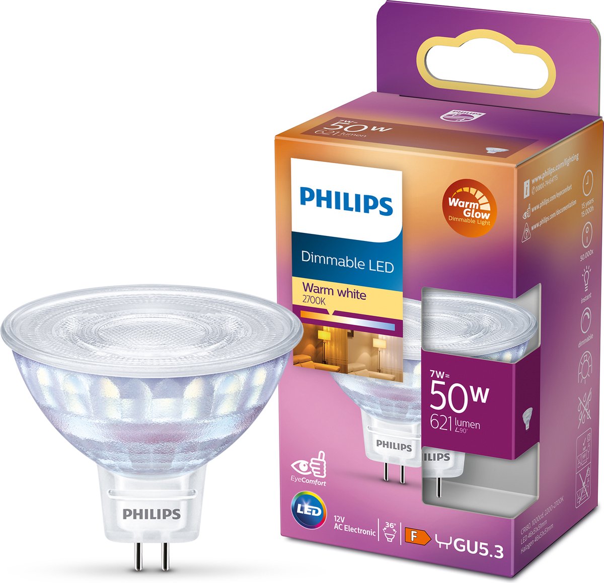 Philips LED pære Spot 7W/822-827 (50W) 12V WarmGlow Dæmpbar GU5.3