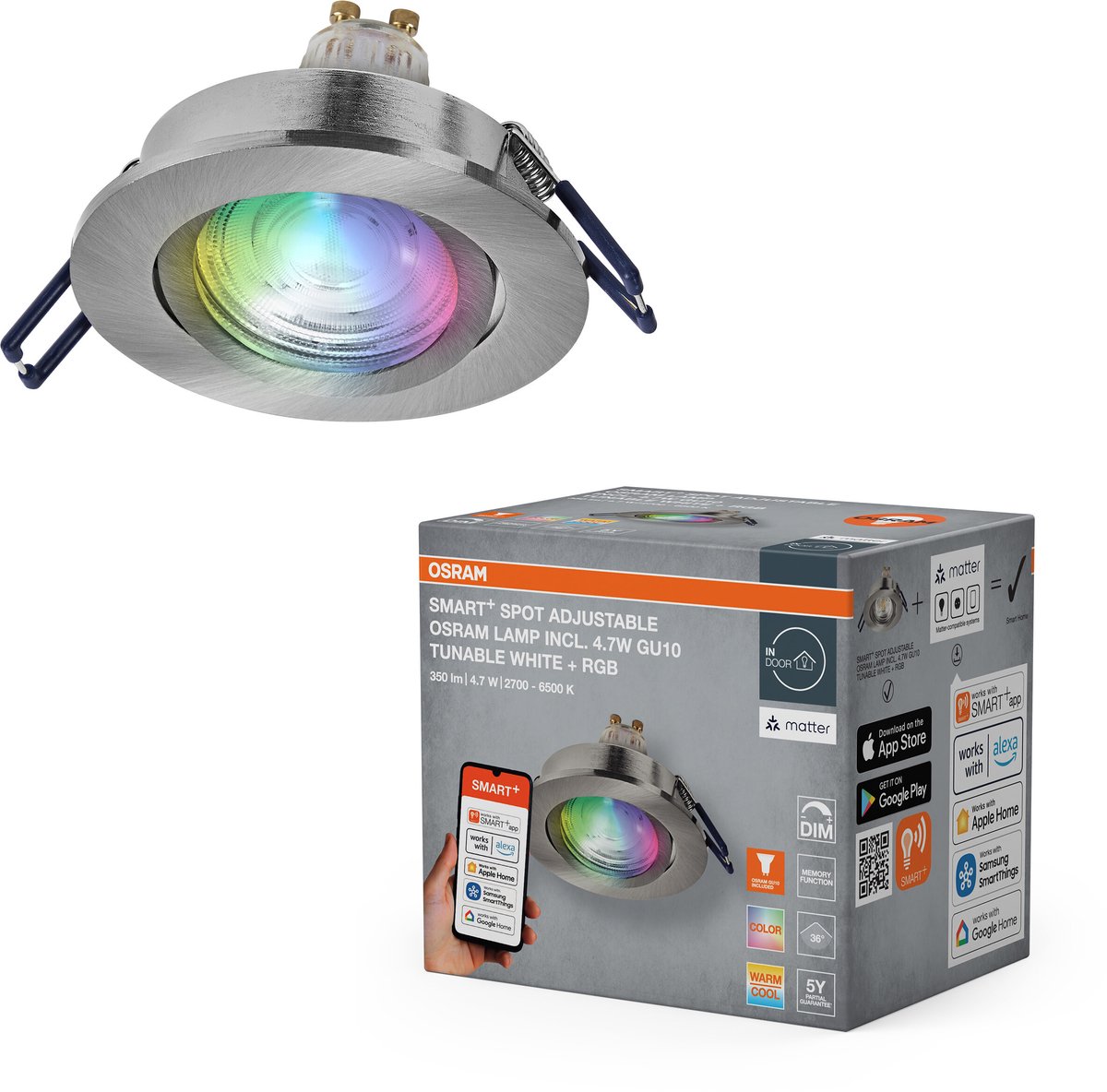 Osram OSRAM SMART+ Matter spot adjust 350lm 4,7W/RGBW GU10 IP20, satineret nikkel
