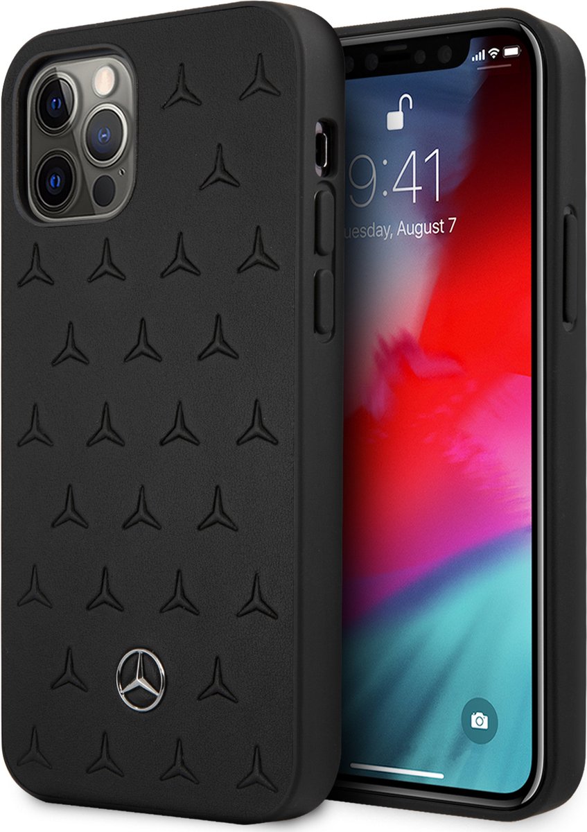 Mercedes Leather Stars Pattern Case for iPhone 12 Pro Max - Black