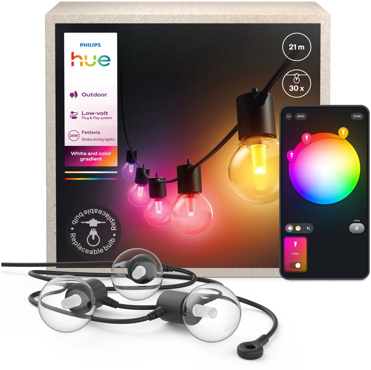 Philips Hue Festavia Globe udendørs lyskæde, 21 m