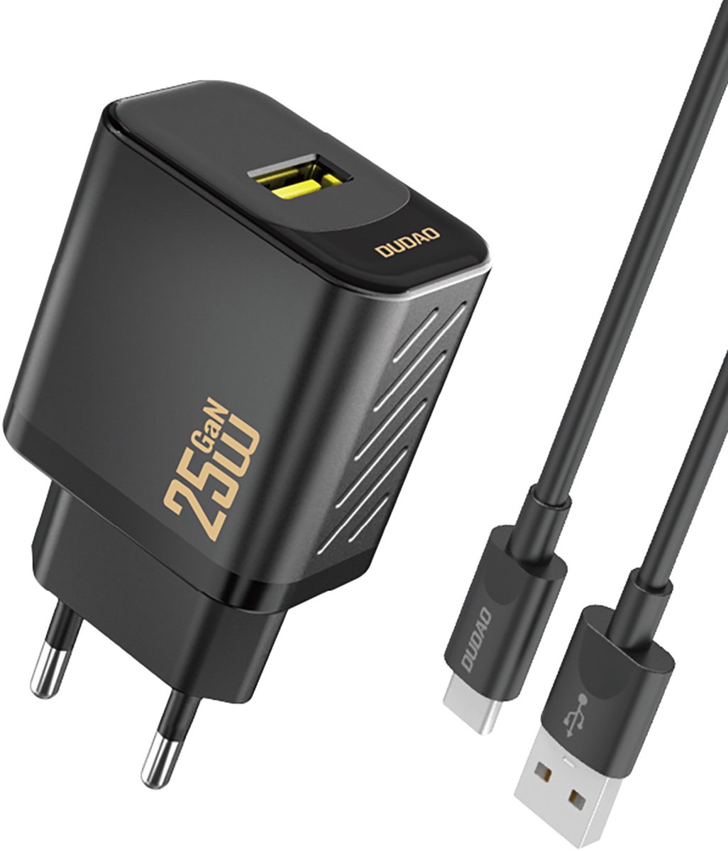 Dudao A27STEU 25W GaN USB-A Wall Charger with USB-A - USB-C - Black Cable