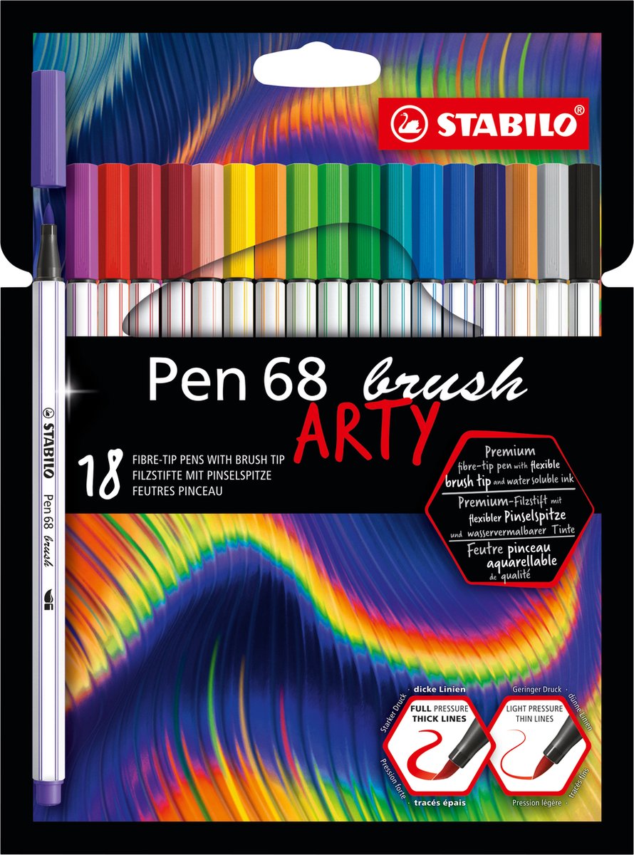 STABILO Pen 68 Brush - Felt-tip Pen - ARTY - Set of 18 Pieces