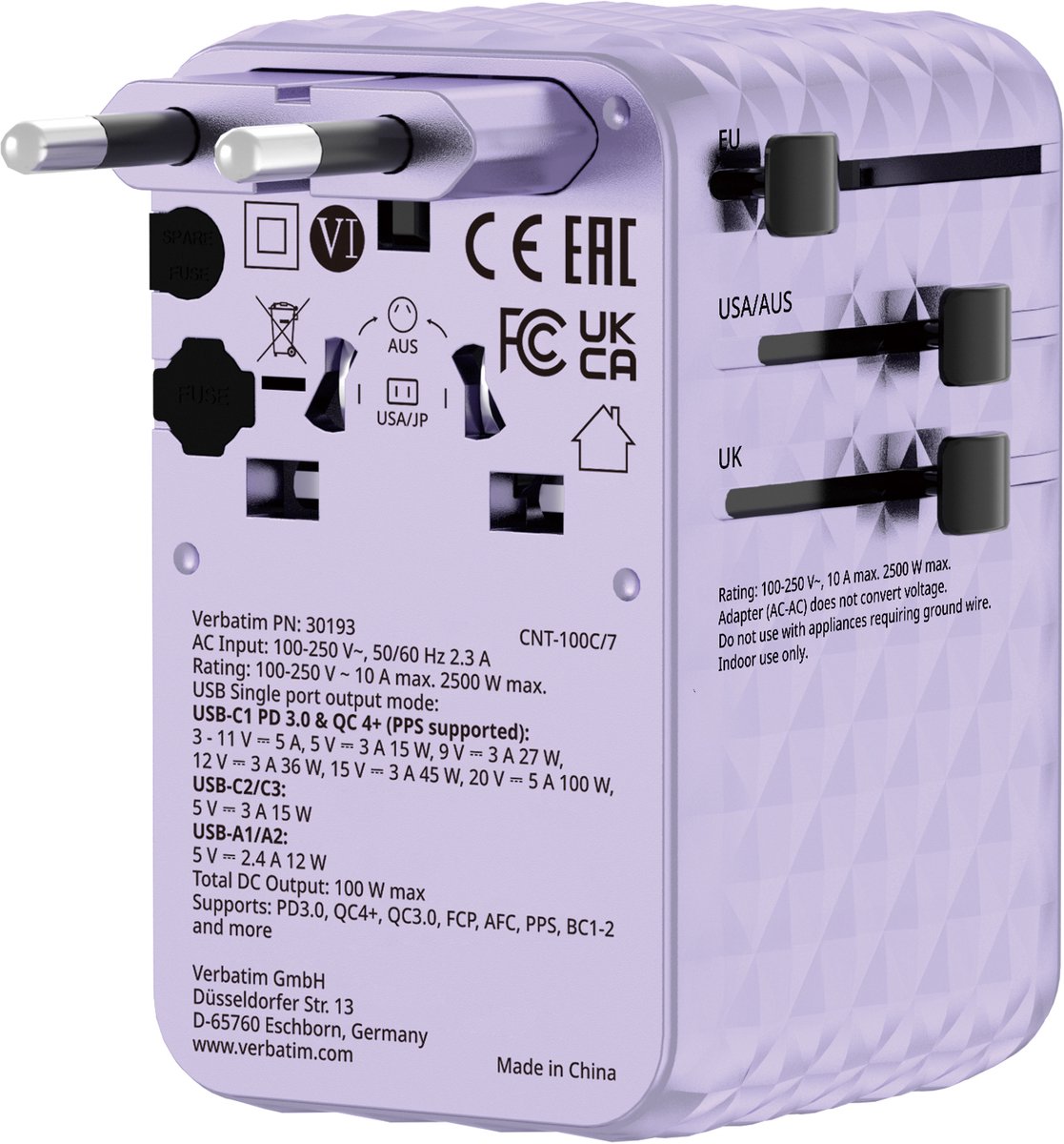 Verbatim Charge 'n' Travel 100W Travel Adapter w/ Cable Pur