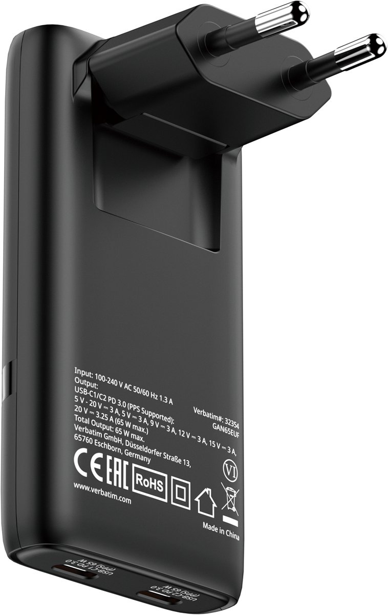 Verbatim Fold 'n' Go GaN Charger 65W EU plug Black
