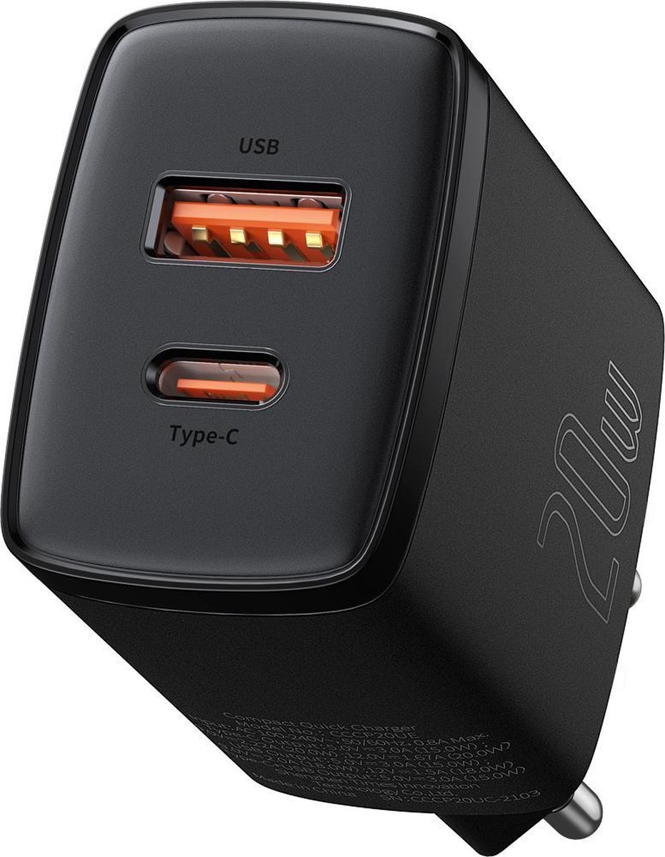 Baseus Compact USB/USB Type C Fast Charger 20W 3A Power Delivery Quick Charge 3.0 Black (CCXJ-B01)