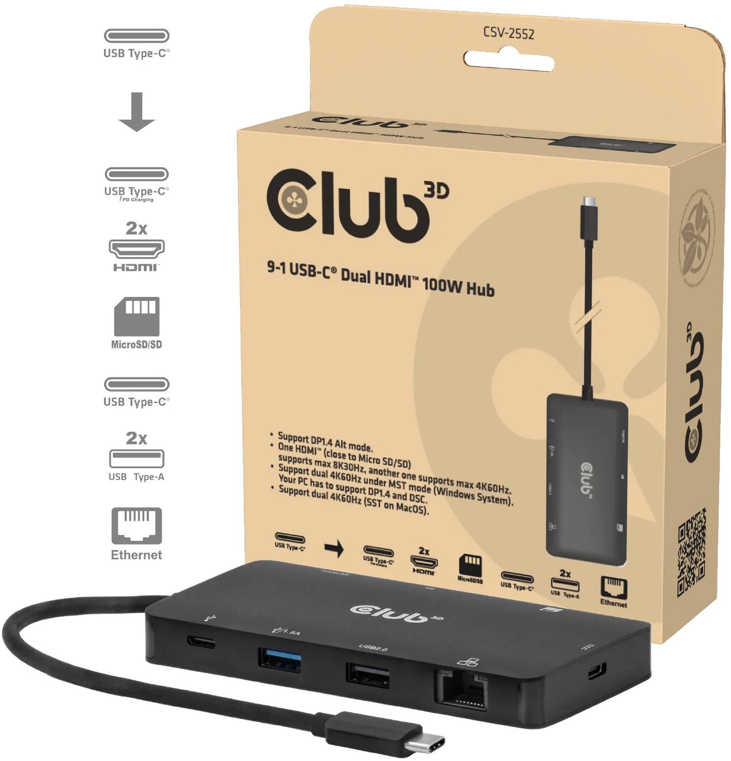 Club 3D - docking station - USB-C - HDMI - 1GbE