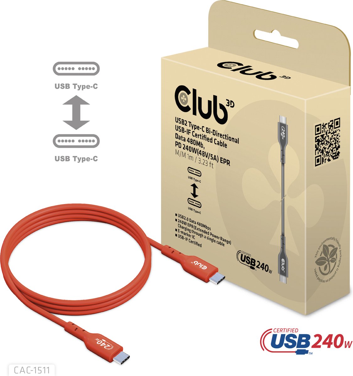 Club 3D - USB-C cable - 24 pin USB-C to 24 pin USB-C - 1 m